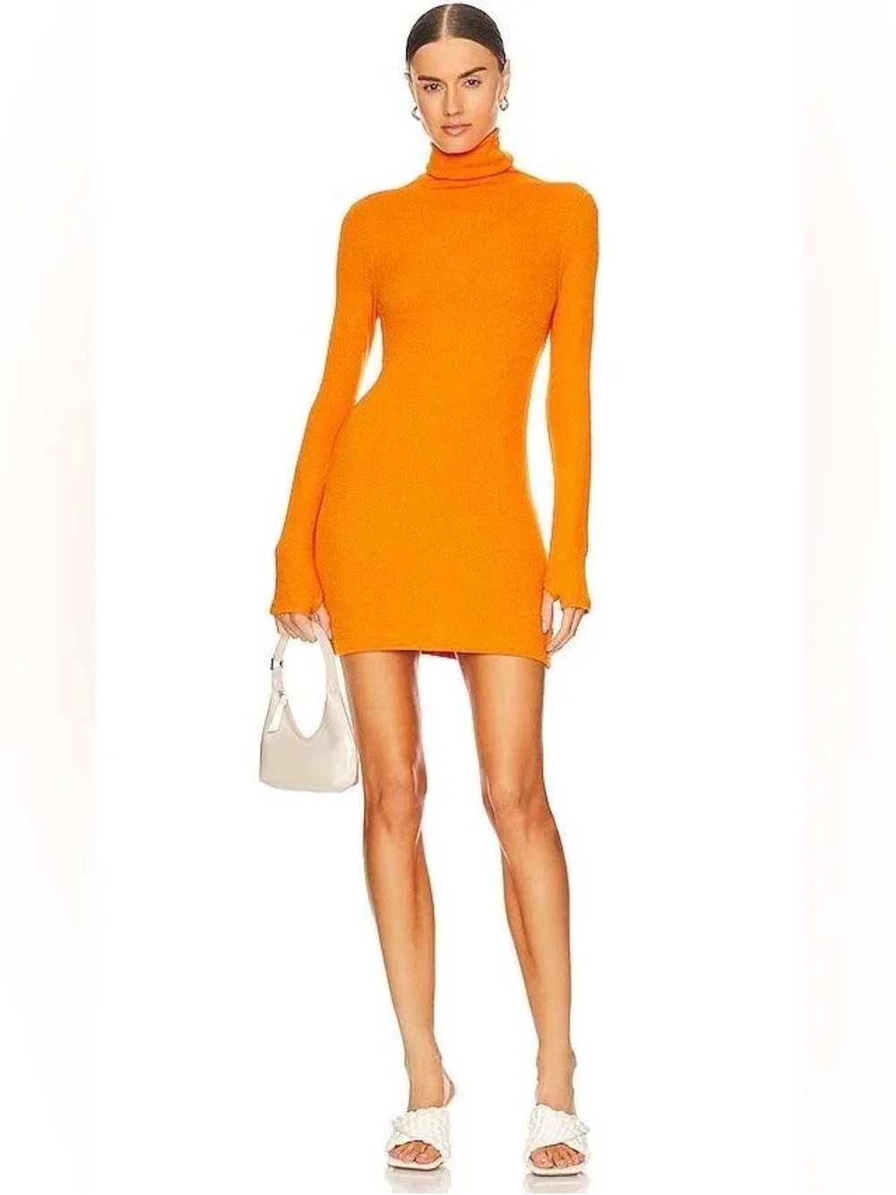Enza Costa Orange Knit Ribbed Turtleneck Mini Tunic Dress Size Small